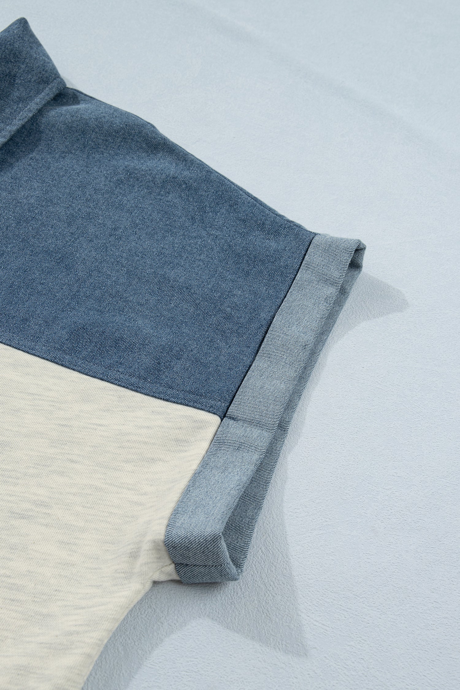 Light Grey Half Buttons Collared Denim Patchwork Plus Short Sleeve Top - Snoopy's Closet