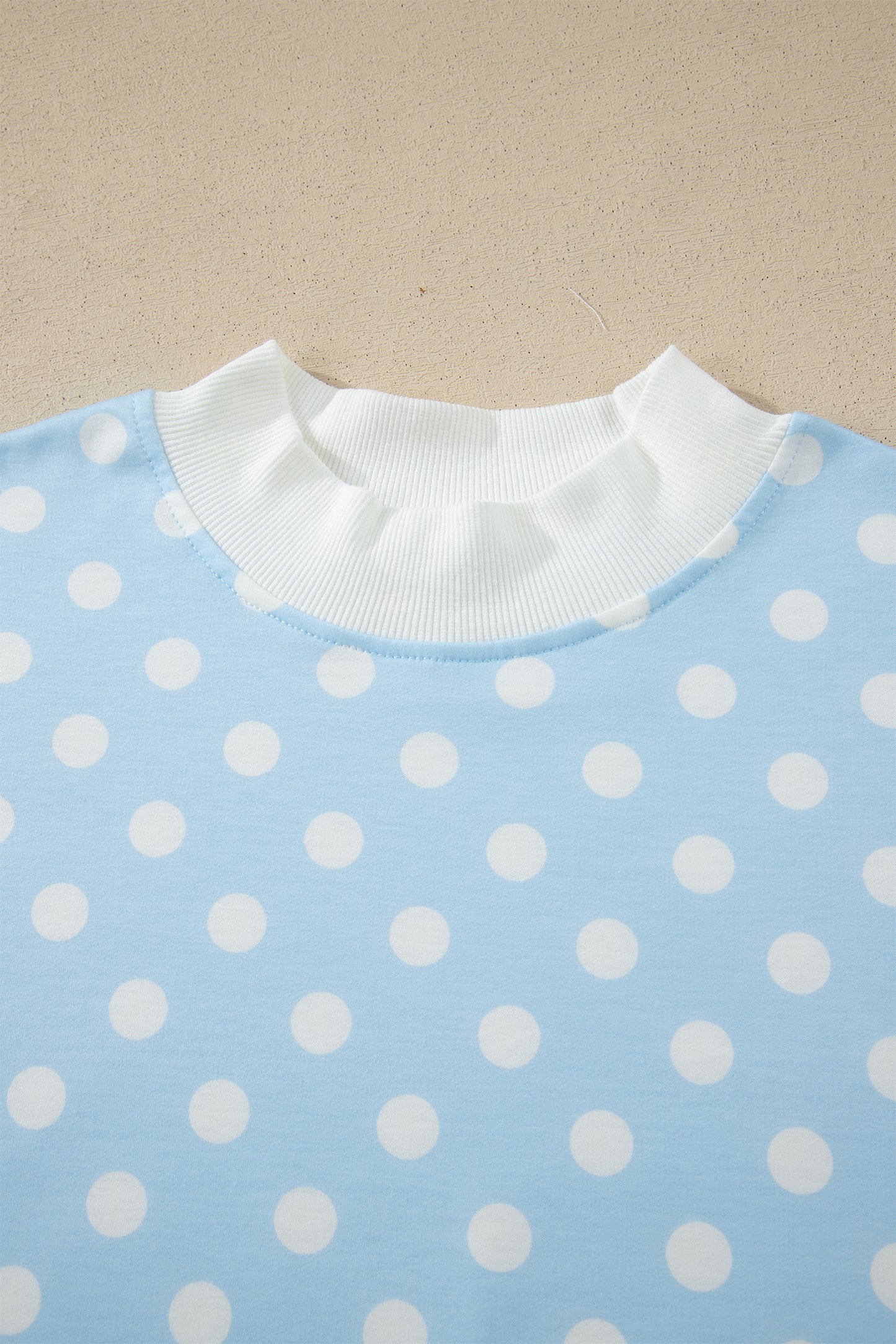 Sky Blue Polka Dot Print Color Block Trim Mock Neck Short Set - Snoopy's Closet