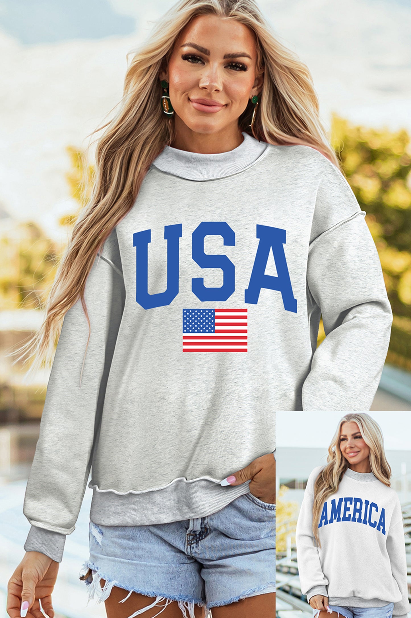 Sudadera gris claro con cuello simulado y gráfico reversible de EE. UU./América