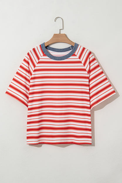 Tomato Red Stripe Print Contrast Collar Raglan Sleeve T Shirt - Snoopy's Closet