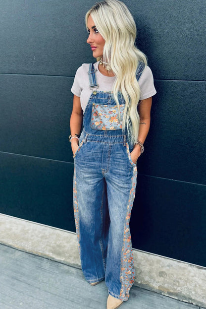 Peacock Blue Floral Patchwork Bib Denim Wide Leg Overalls - Snoopy's Closet