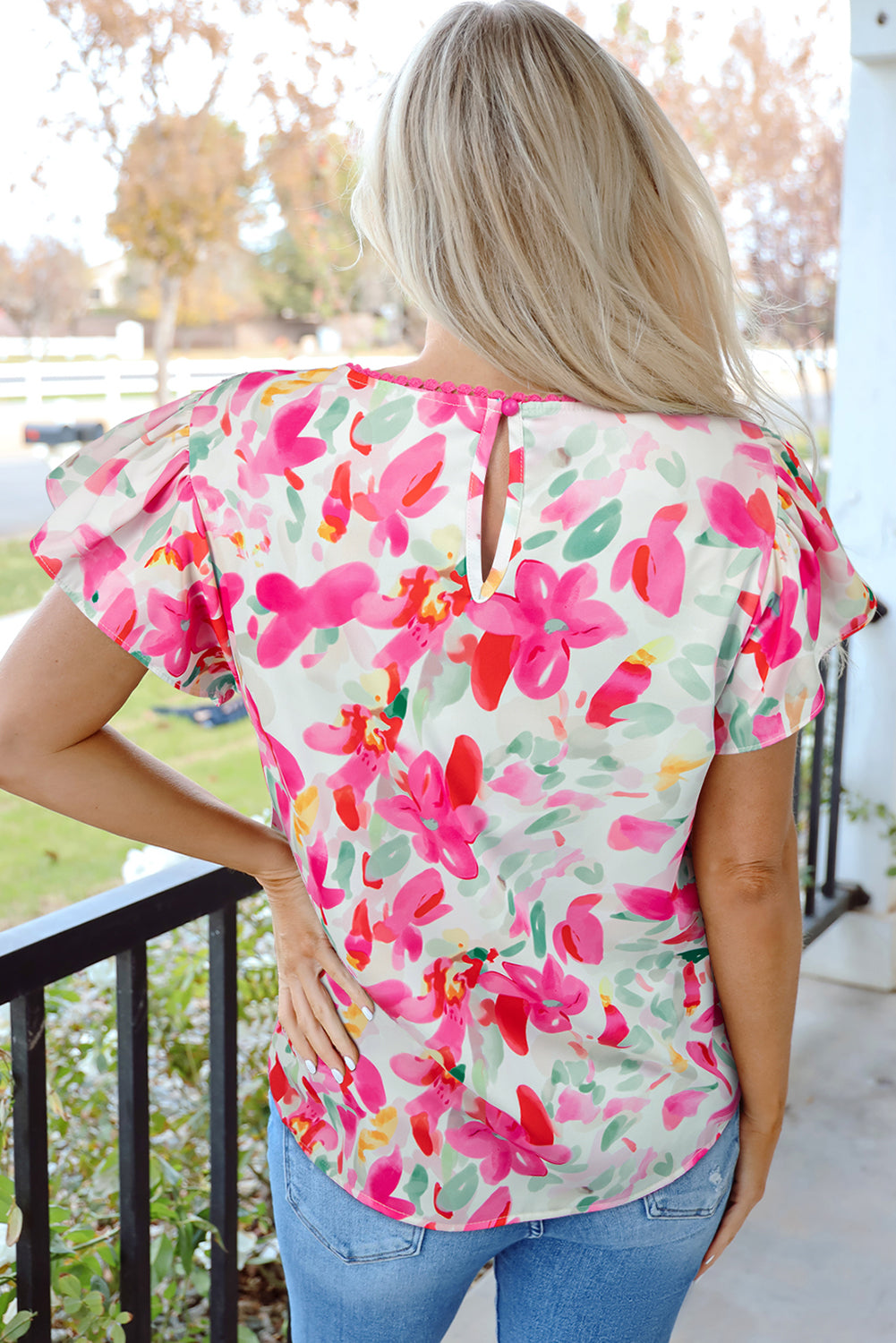 Rose Floral Print Flutter Sleeve Round Neck Casual Blouse - Snoopy's Closet