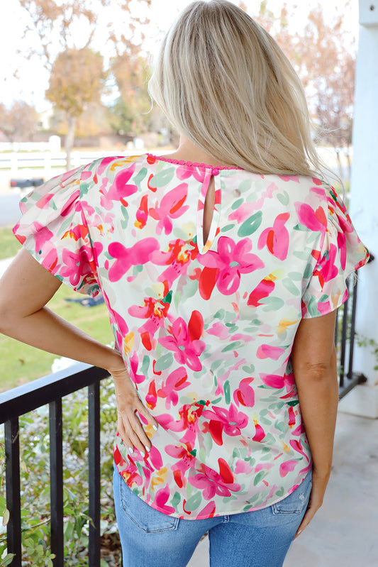Rose Floral Print Flutter Sleeve Round Neck Casual Blouse - Snoopy's Closet