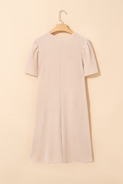 Parchment Corded Knit Crew Neck Puff Sleeve Shift Mini Dress - Snoopy's Closet