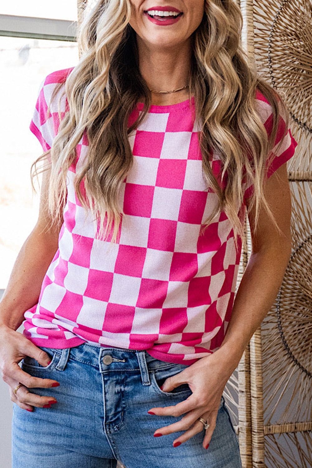 Rose Check Pattern Cap Sleeve Knitted Sweater - Snoopy's Closet