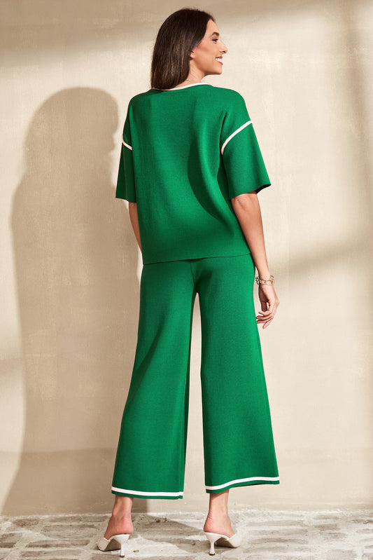 Blackish Green Contrast Trim Half Sleeve Top Drawstring Pants Loose 2pcs Sweater Suit - Snoopy's Closet
