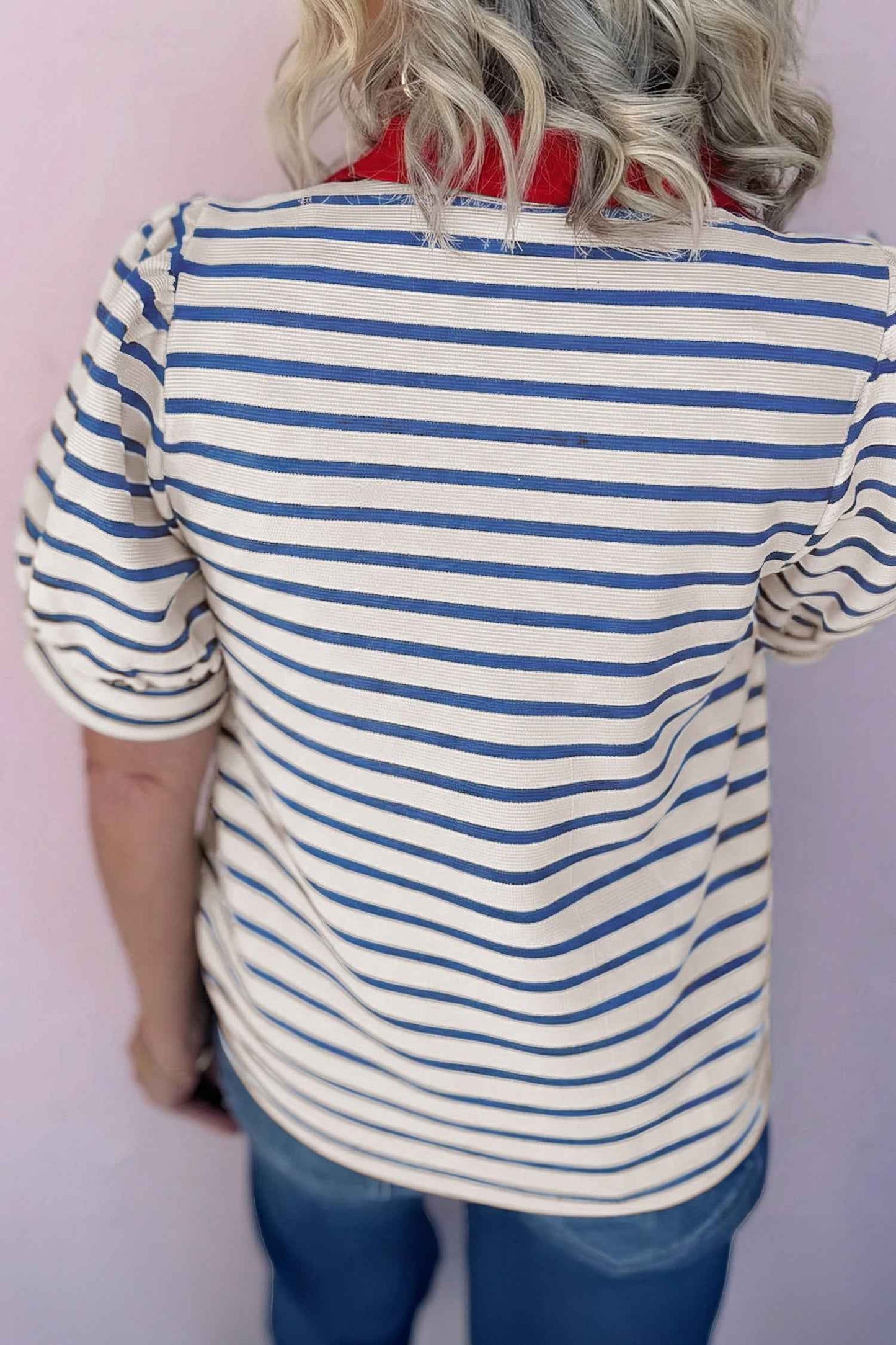Blue Stripe Short Puff Sleeve Color Block Polo Collar Blouse