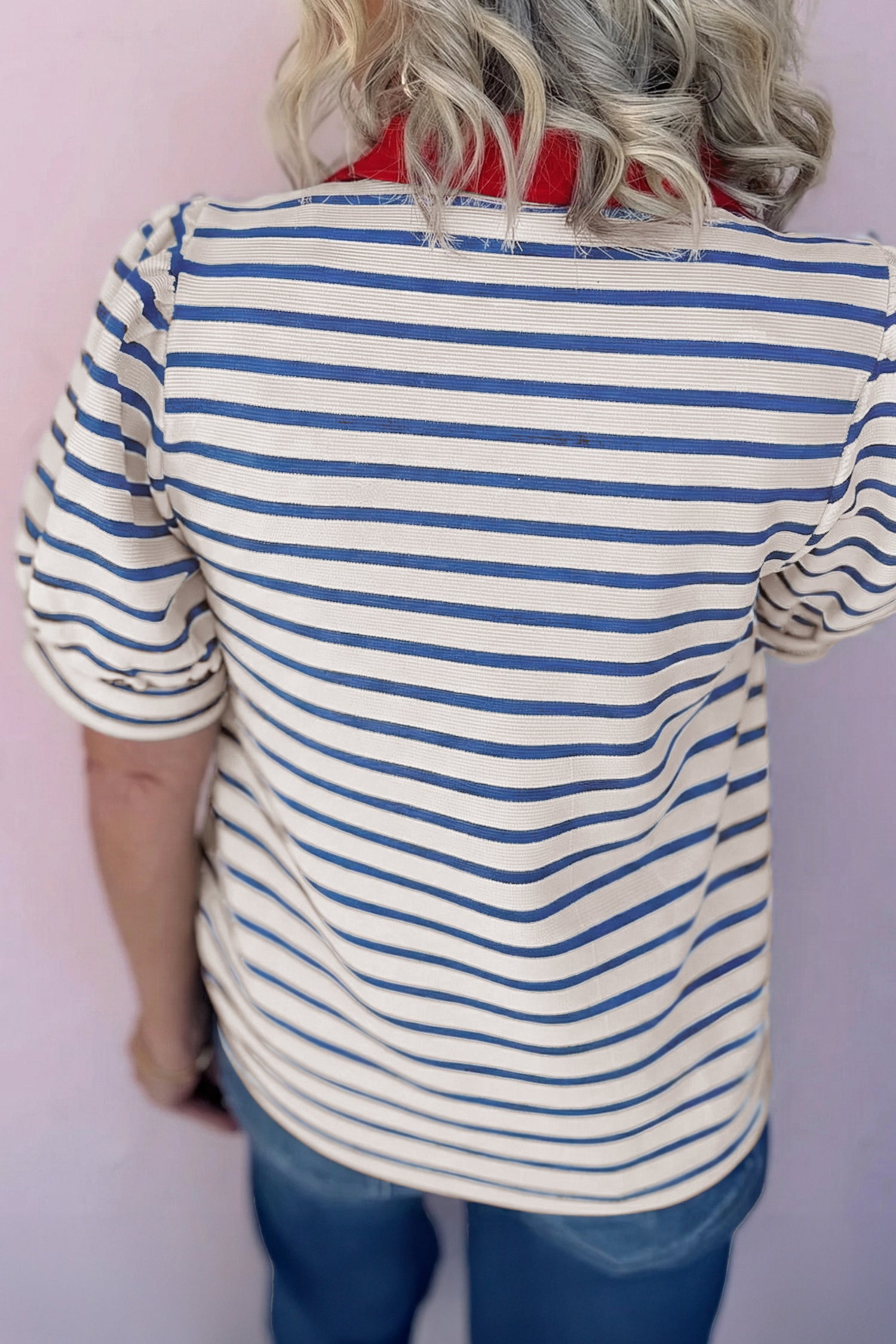 Blue Stripe Short Puff Sleeve Color Block Polo Collar Blouse