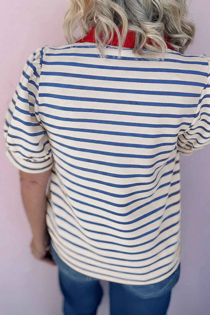 Blue Stripe Short Puff Sleeve Color Block Polo Collar Blouse