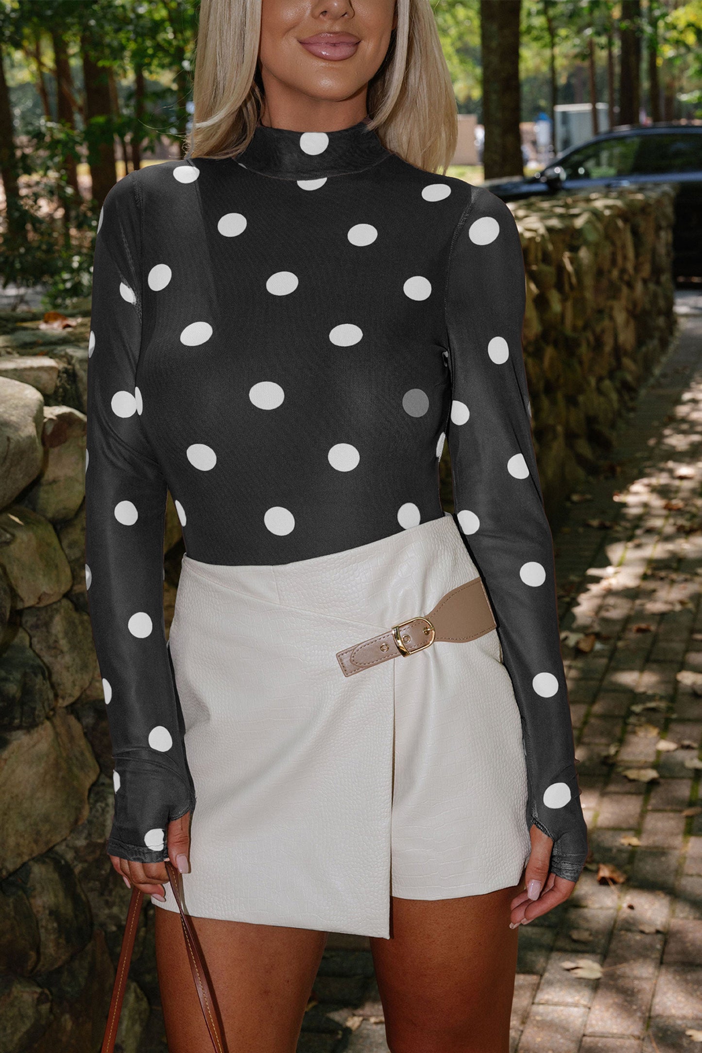 Black Vintage Polka Dot Print Mesh Long Sleeve Bodysuit - Snoopy's Closet