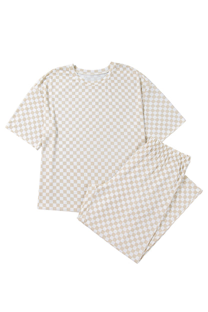 Conjunto de dos piezas de salón de camiseta de manga media y pantalones sueltos con estampado a cuadros en talla grande color caqui