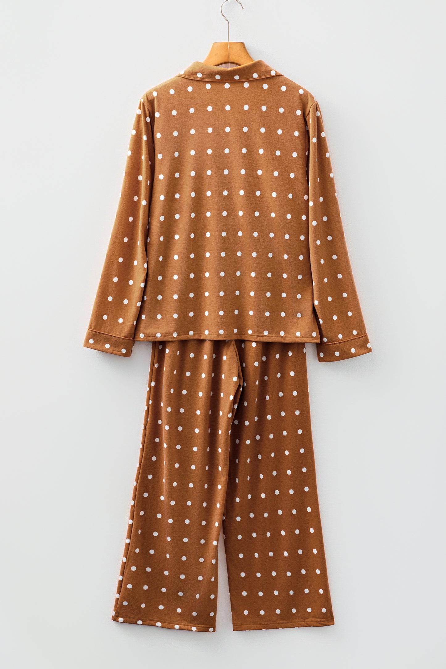 Brown Polka Dot Print Long Sleeve Shirt Pant 2pcs Pajama Set - Snoopy's Closet