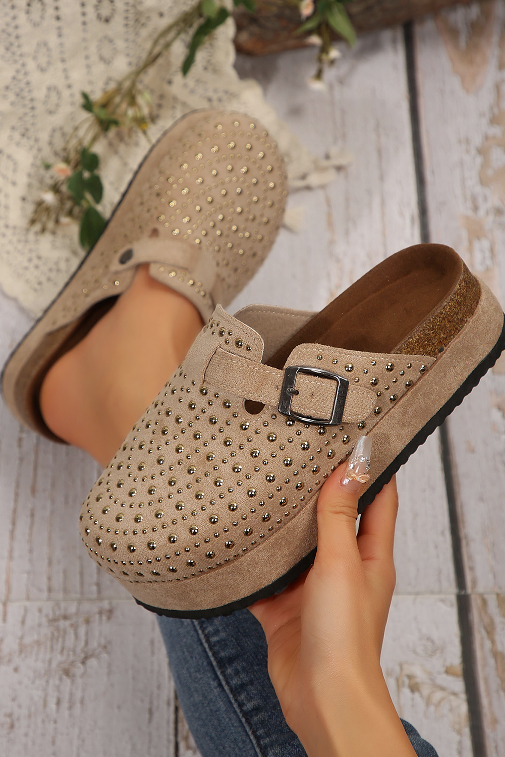 Parchment Rivet Buckle Closed Toe Platform Slippers - Snoopy's Closet