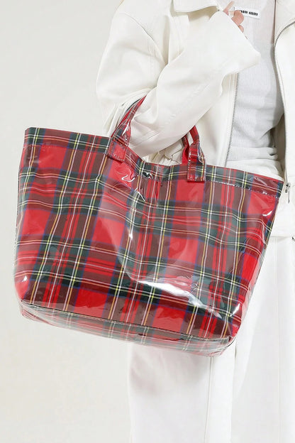 Bolso tote impermeable brillante de PVC con patrón a cuadros rojo fuego