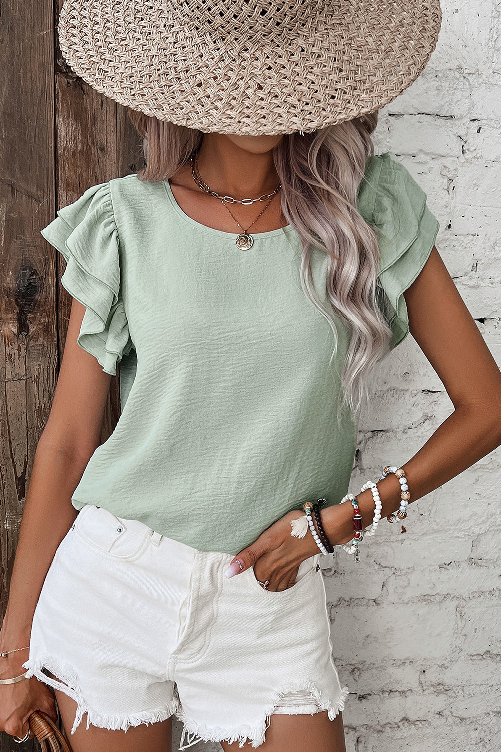 Clearly Aqua Solid Color Ruffled Short Sleeve Casual Blouse - Snoopy's Closet