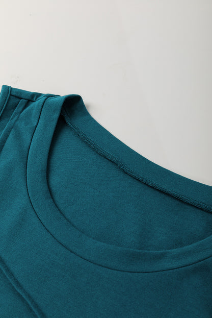 Blue Sapphire Solid Color Stitching Detail Round Neck Tank Top - Snoopy's Closet