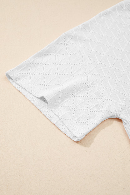 White Pointelle Rhombus Knit Plus Size V Neck Loose Top
