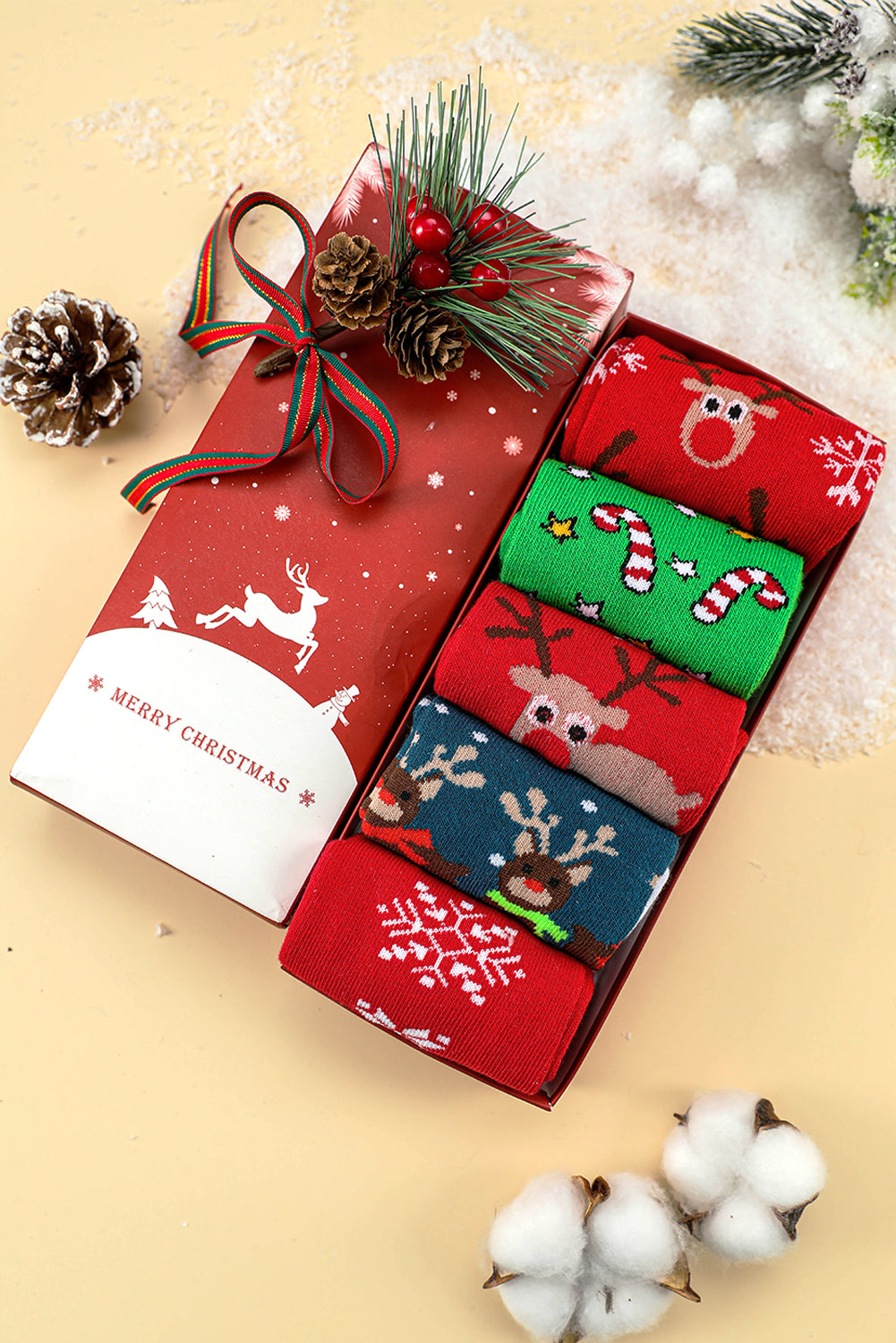 Dearlove Fiery Red 5 Pairs/Set Christmas Cartoon Elk Soft Socks Set with Box - Snoopy's Closet
