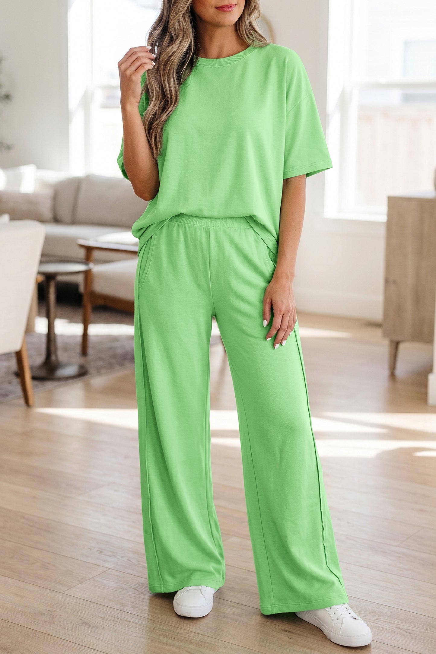 Green Solid Cover Oversize Tee Pocketed Casual Pants 2pcs Outfit - Snoopy's Closet