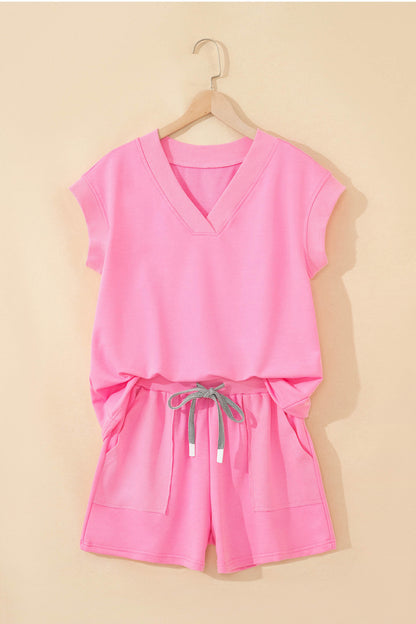 Sachet Pink V Neck Short Sleeve Top Drawstring Shorts 2pcs Set - Snoopy's Closet