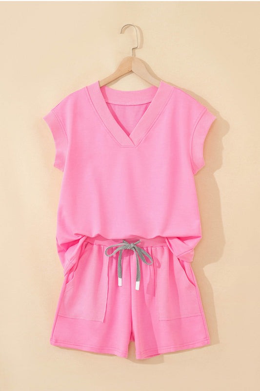Sachet Pink V Neck Short Sleeve Top Drawstring Shorts 2pcs Set - Snoopy's Closet