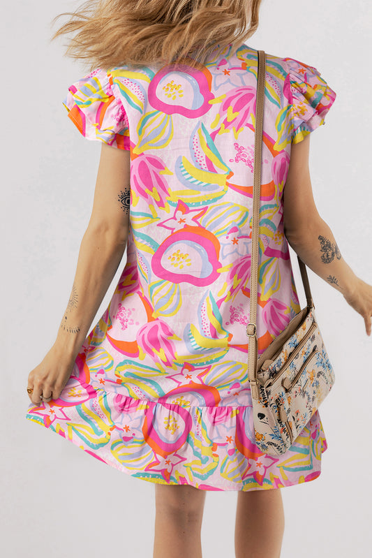 Vestido abotonado rosa con estampado floral abstracto, volantes y mangas con volantes
