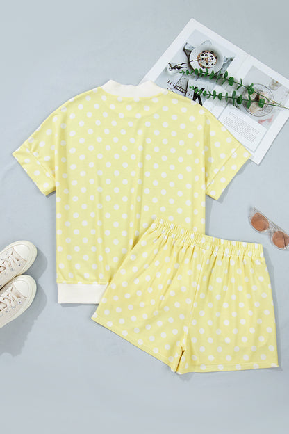 Sky Blue Polka Dot Print Color Block Trim Mock Neck Short Set - Snoopy's Closet