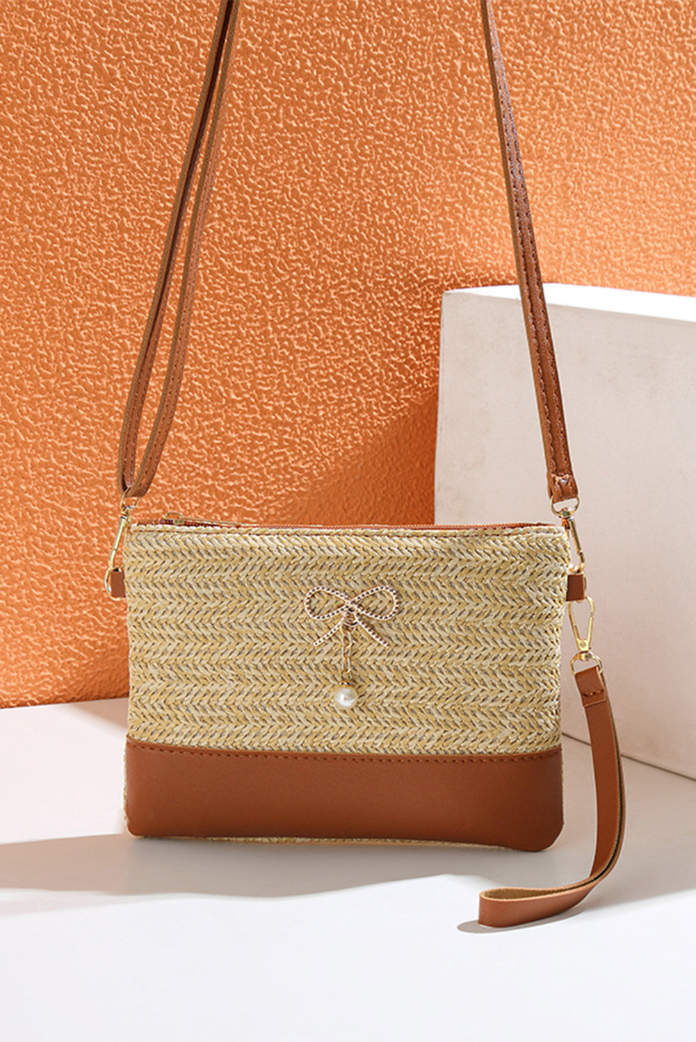 Beige Bow Pearl Decor Straw PU Leather Patched Crossbody Bag - Snoopy's Closet