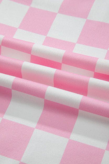 Pink Checkered Print Color Block Trim Mock Neck Short Set - Snoopy's Closet