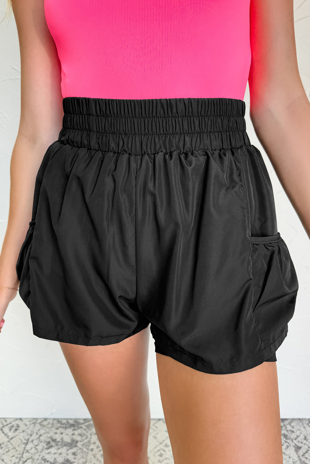 Black Elastic High Waist Pocketed Casual Shorts - Snoopy's Closet