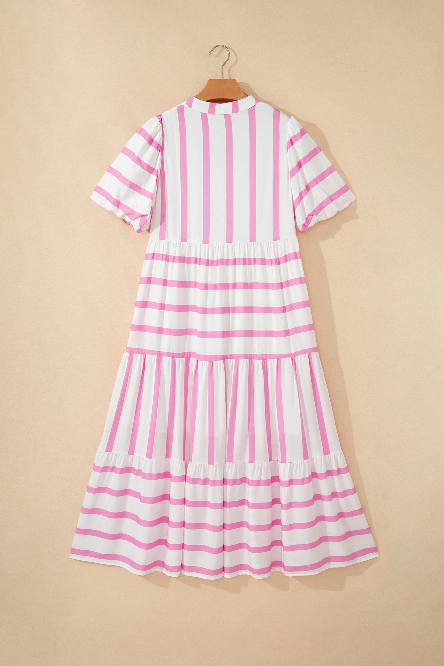Pink Stripe Ricrac Trim Notched Neck Half Sleeve Vacation Dress - Snoopy's Closet