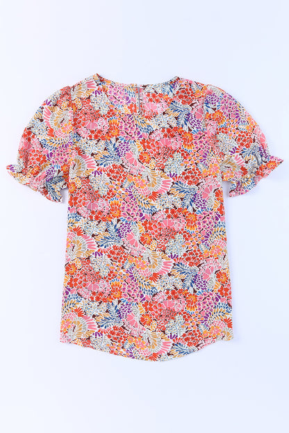 Multicolor Mix Floral Pattern Bubble Sleeve Blouse - Snoopy's Closet