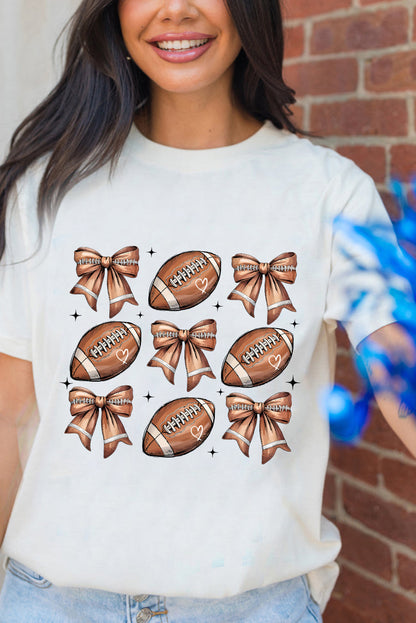Camiseta de mezcla de algodón blanca con estampado de lazo y motivo de fútbol americano