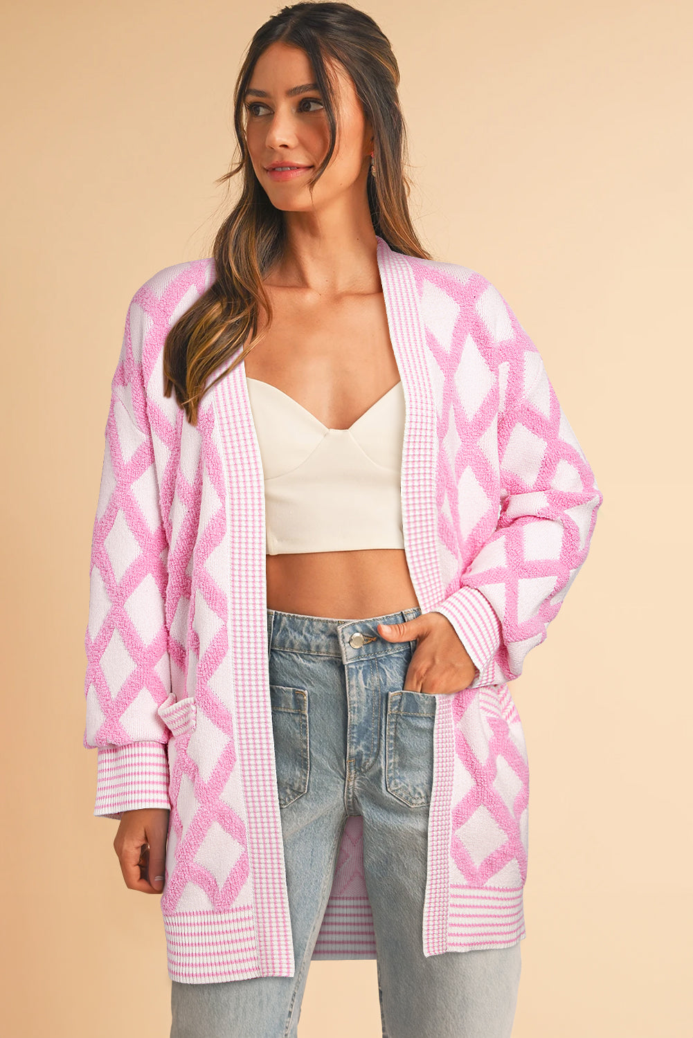 Pink Rhombus Pattern Knit Open Front Pocketed Cardigans - Snoopy's Closet