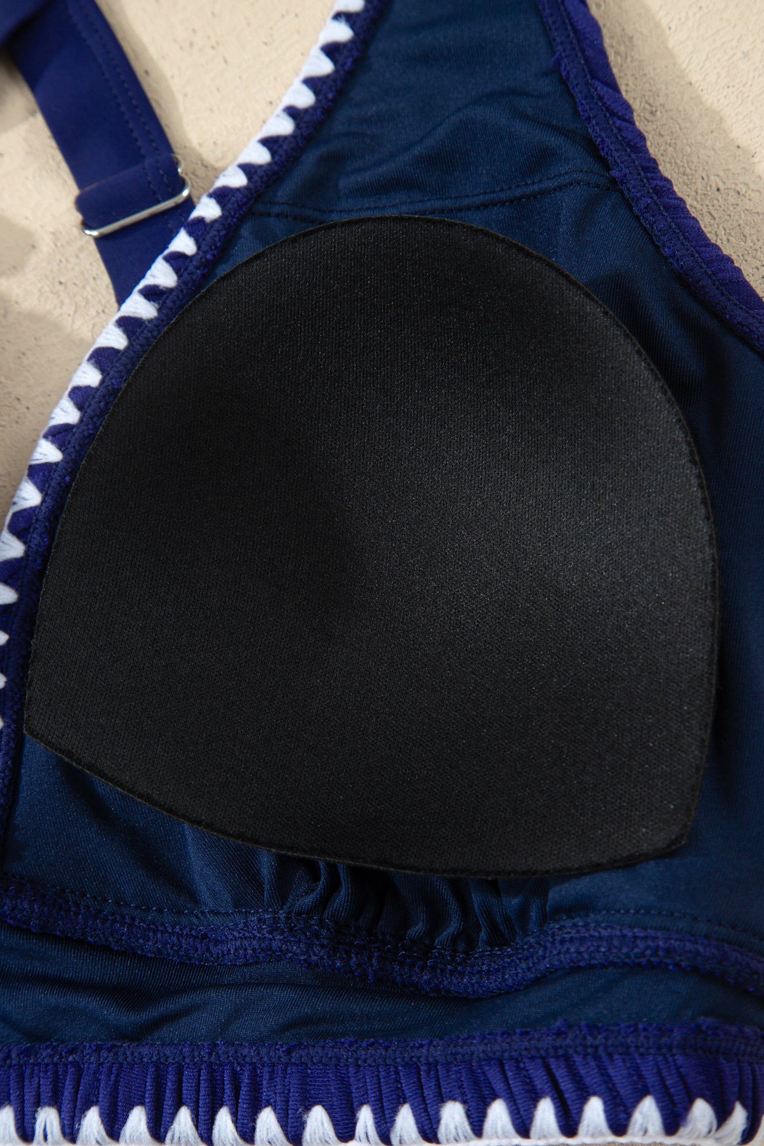 Dark Blue Shell Stitched Trim V Neck Textured Mix and Match High Waist Bikinis - Snoopy's Closet