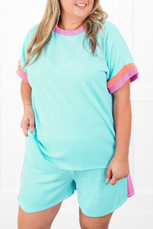 Conjunto de camiseta y shorts de punto acanalado Light Blue Plus Size con bloques de color