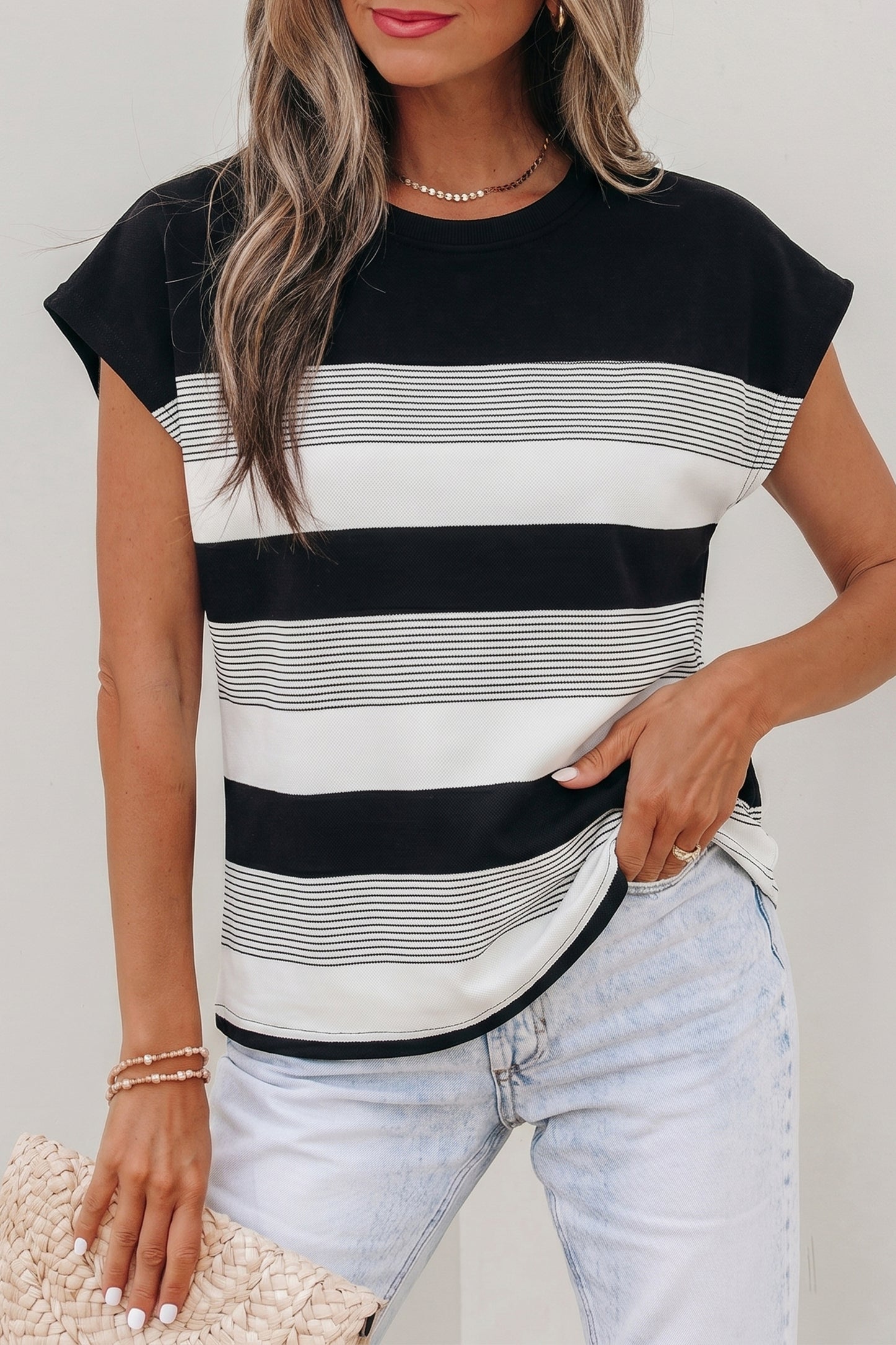 Black Stripe Mixed Print Crew Neck Cap Sleeve T Shirt - Snoopy's Closet