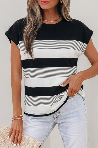 Black Stripe Mixed Print Crew Neck Cap Sleeve T Shirt - Snoopy's Closet