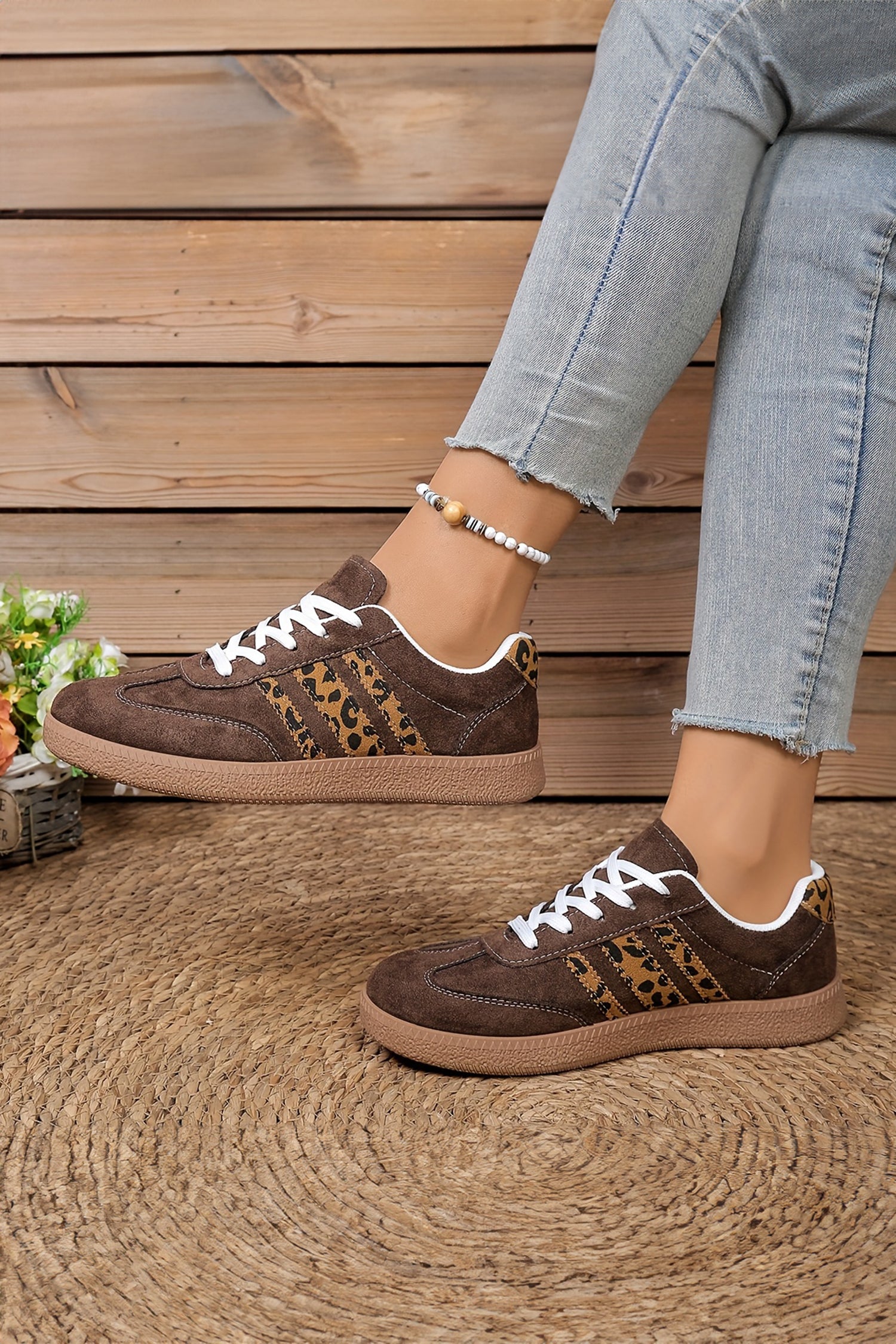Coffee Contrast Lace-up Leopard Patchwork Detail Faux Suede Shoes - Snoopy's Closet