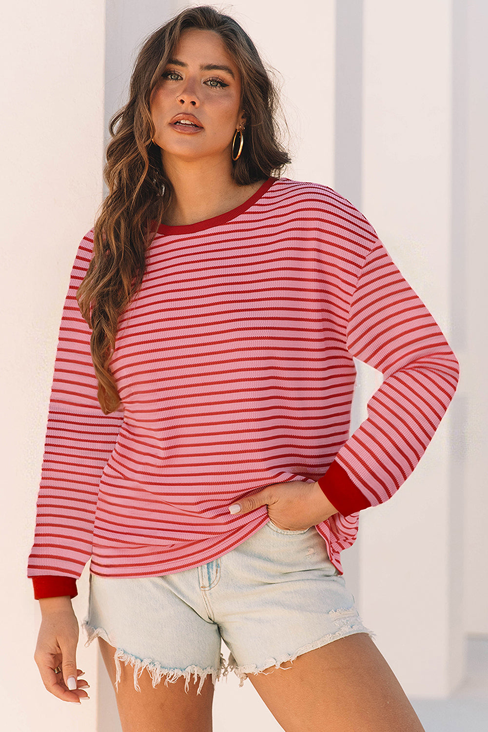 Pink Stripe Textured Round Neck Drop Shoulder Long Sleeve T Shirt - Snoopy's Closet