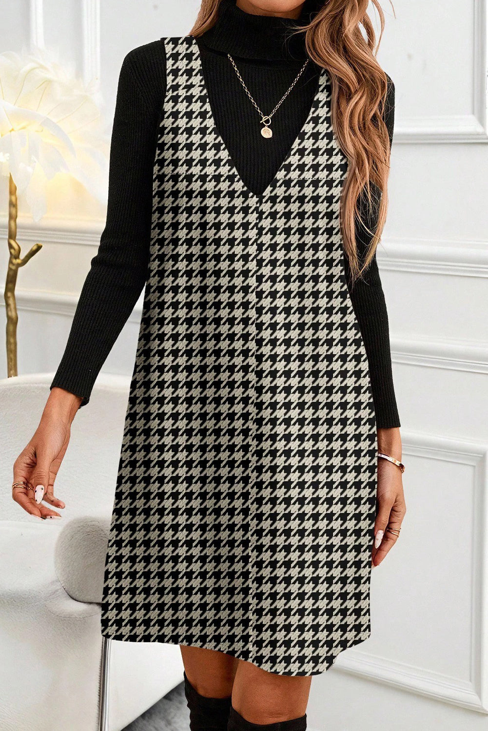 Khaki Houndstooth Print V Neck Sleeveless Mini Dress - Snoopy's Closet