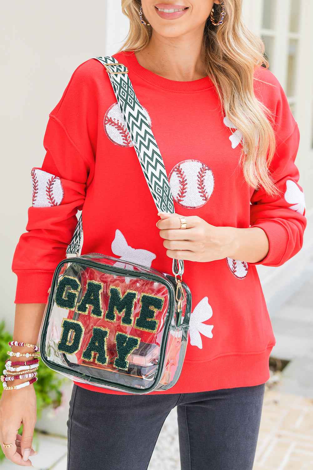 Blackish Green GAME DAY Chenille Embroidered Clear PVC Shoulder Bag