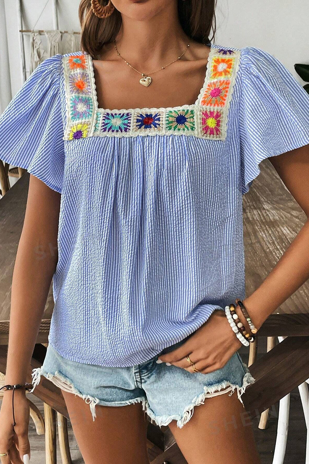 Sky Blue Stripe Textured Ruffle Short Sleeve Boho Detail Square Neck Blouse - Snoopy's Closet