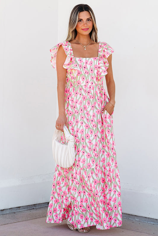 Vestido largo con estampado floral rosa, escote cuadrado y tirantes con volantes