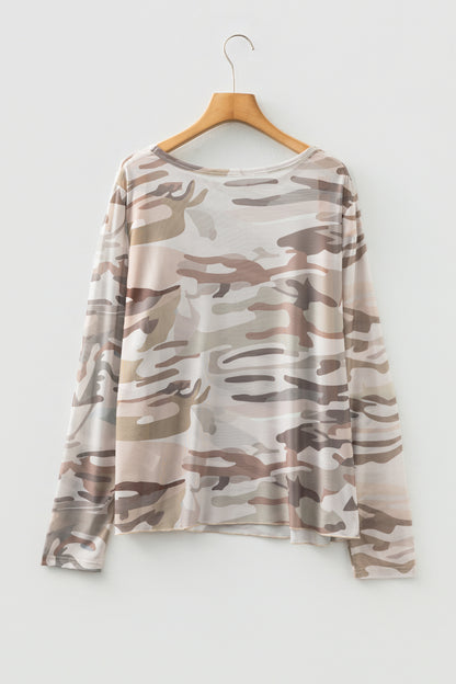 Green Plus Size Western Camo Print Mesh Long Sleeve Top - Snoopy's Closet