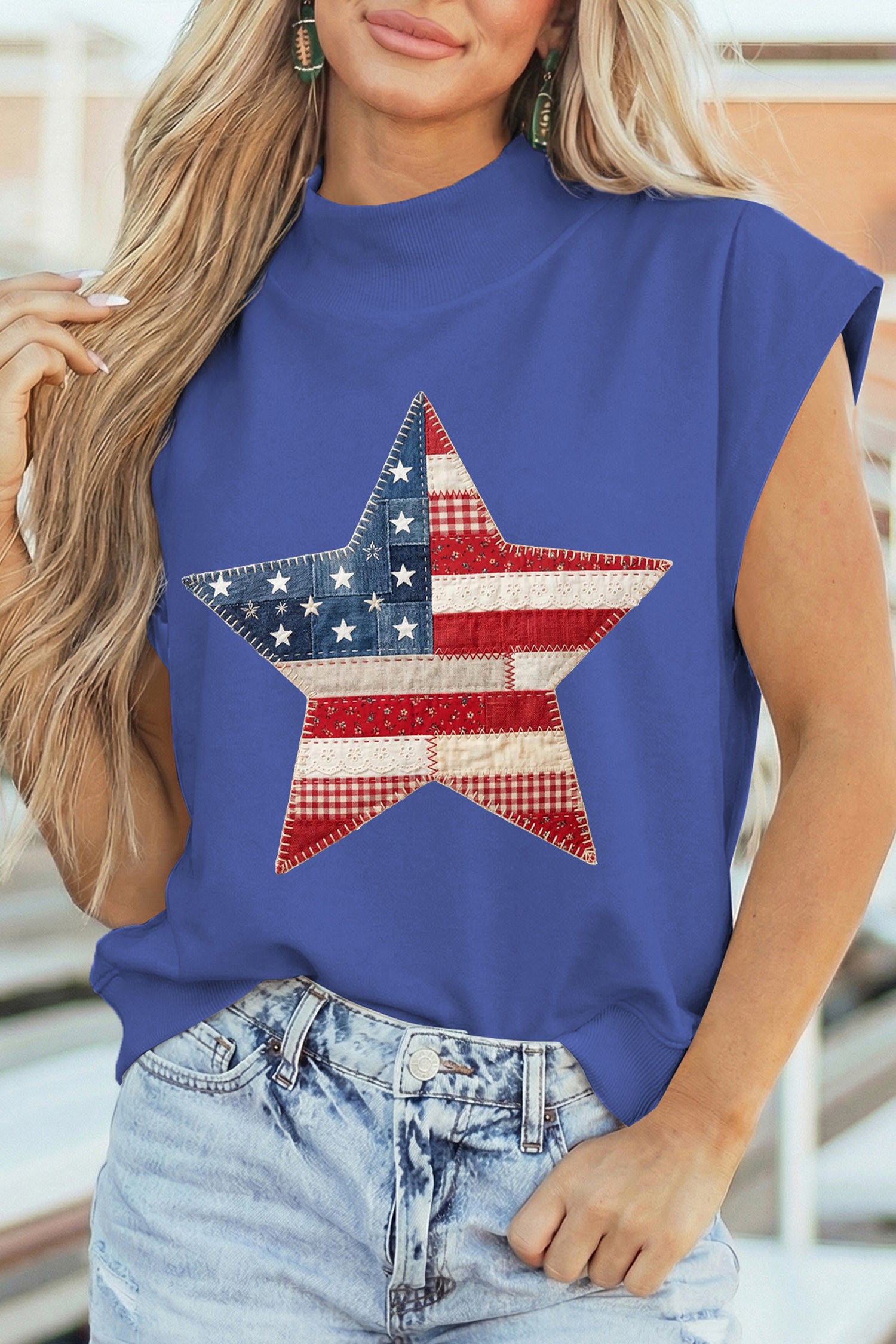 Sky Blue Faux Patchwork Patriotic Star Printed High Neck Top