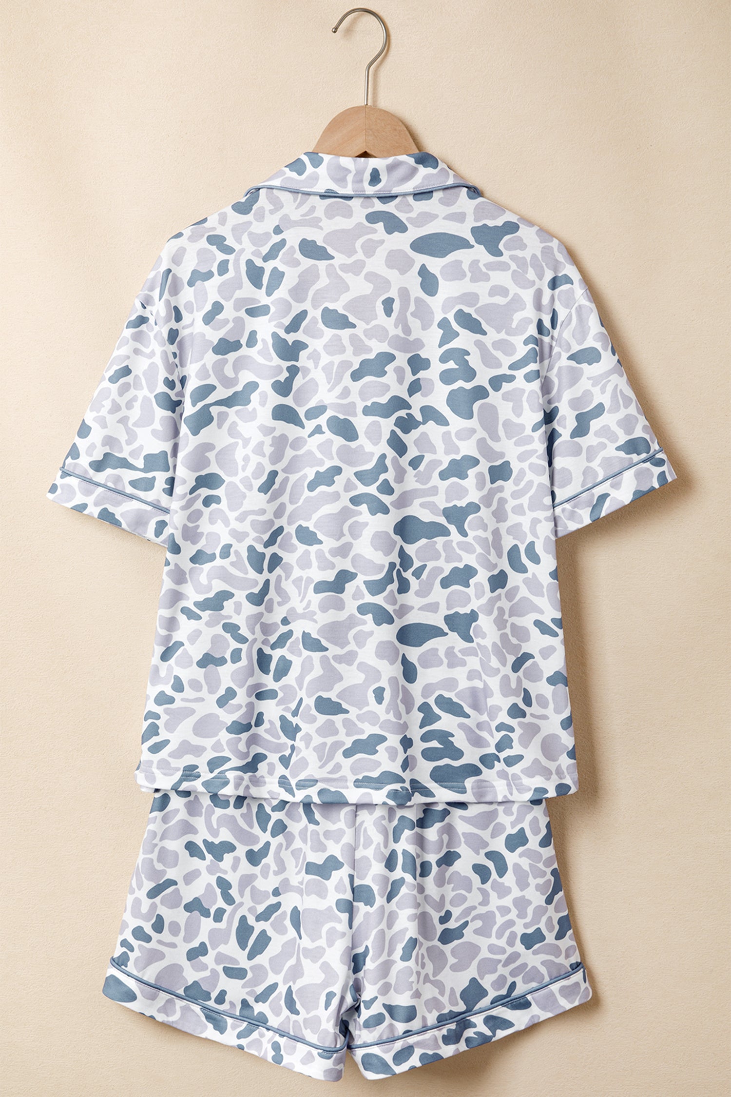 Beige Camouflage Print Lapel Shirt Drawstring 2pcs Short Pajama Set