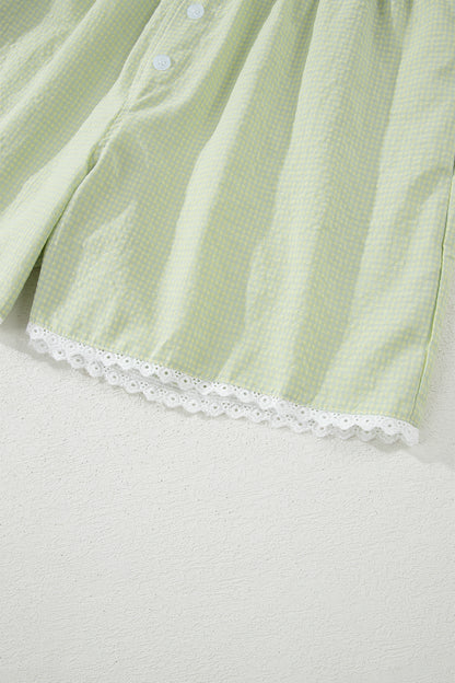 Shorts bóxer a cuadros vichy verdes con detalle de botones y ribete de encaje
