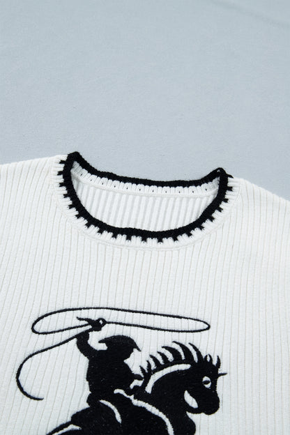 White Contrast Trim Round Neck Rodeo Cowboy Sweater Vest
