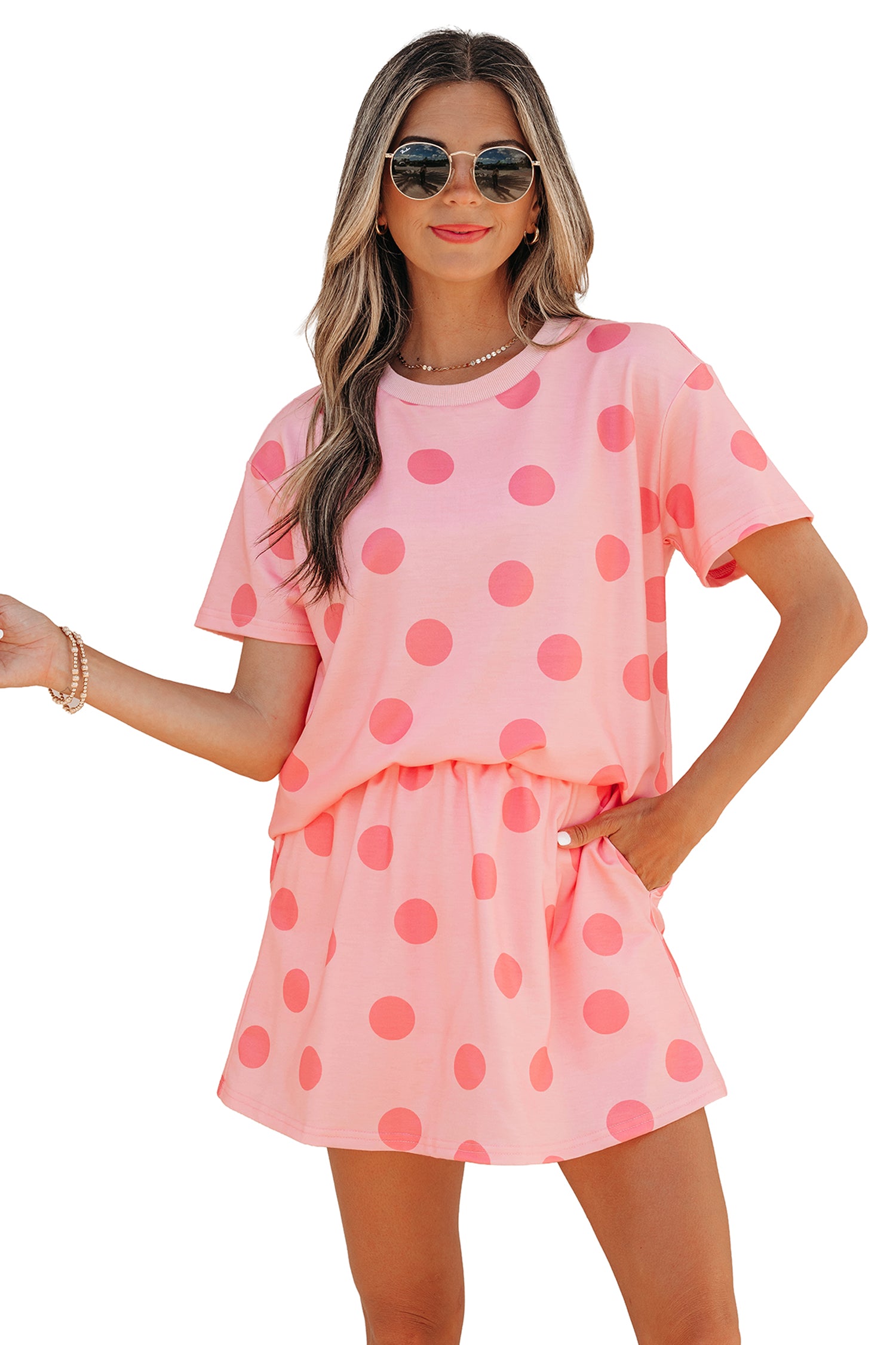 Pink Polka Dot Short Sleeve Top Casual Skort 2pcs Outfit - Snoopy's Closet